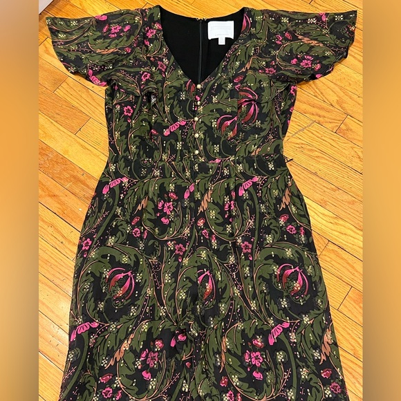 Anthropologie Ett Twa Brenda Jumpsuit Green Gold Floral Flutter Sleeve Size 8 - Picture 7 of 16